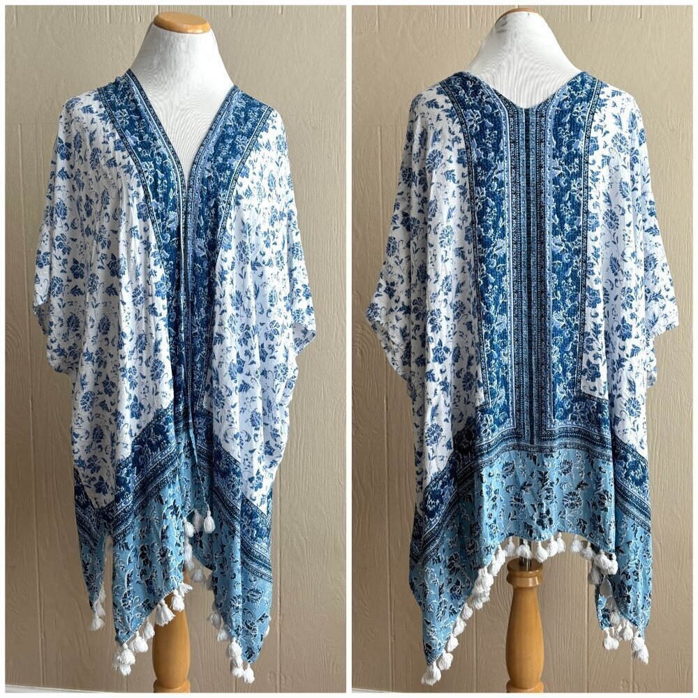 Boho Floral Print Tassel Trim Beachy Open Front Kimono Mi Ami